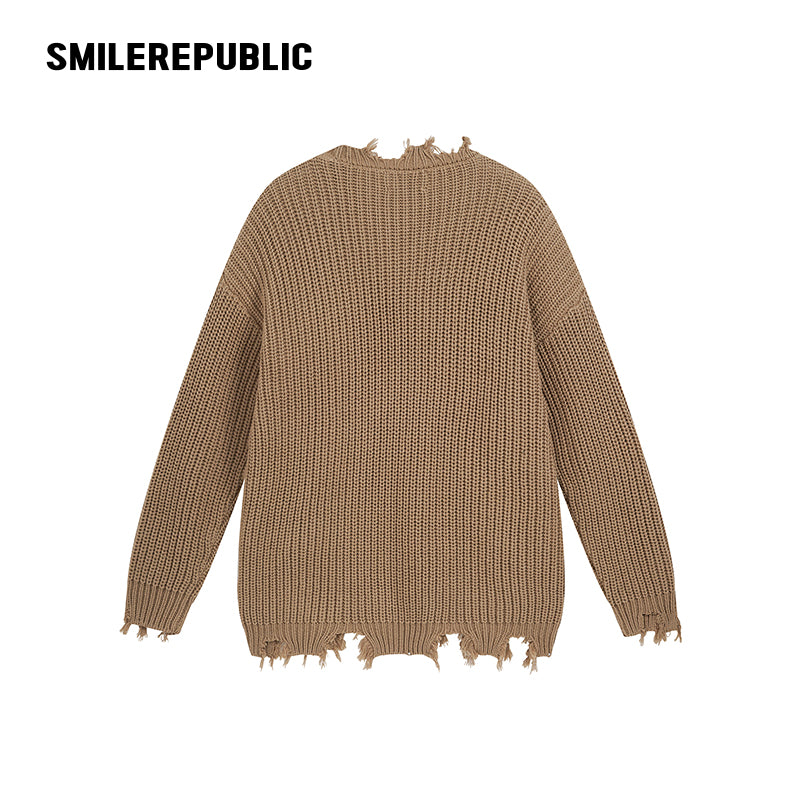 Khaki and Gray Cotton Acrylic Blend Frayed Edge Embroidered Patch Oversized Crewneck Knit Sweater