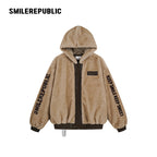 Khaki Polyester Faux Fur Hooded Full Zip Jacket with Graphic Lettering and PU Coated Trim