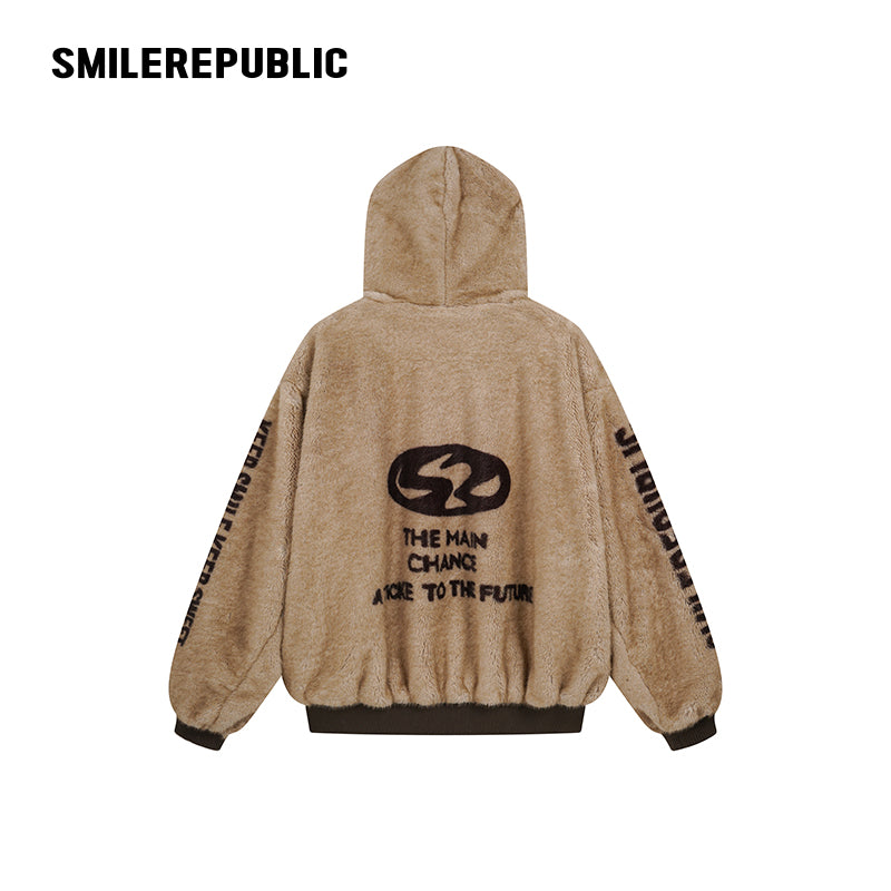 Khaki Polyester Faux Fur Hooded Full Zip Jacket with Graphic Lettering and PU Coated Trim