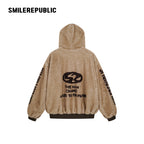Khaki Polyester Faux Fur Hooded Full Zip Jacket with Graphic Lettering and PU Coated Trim