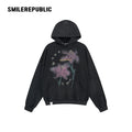 Washed Black Cotton Blend Floral Graphic Oversized Pullover Hoodie with Kangaroo Pocket