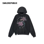 Washed Black Cotton Blend Floral Graphic Oversized Pullover Hoodie with Kangaroo Pocket