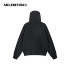Washed Black Cotton Blend Floral Graphic Oversized Pullover Hoodie with Kangaroo Pocket