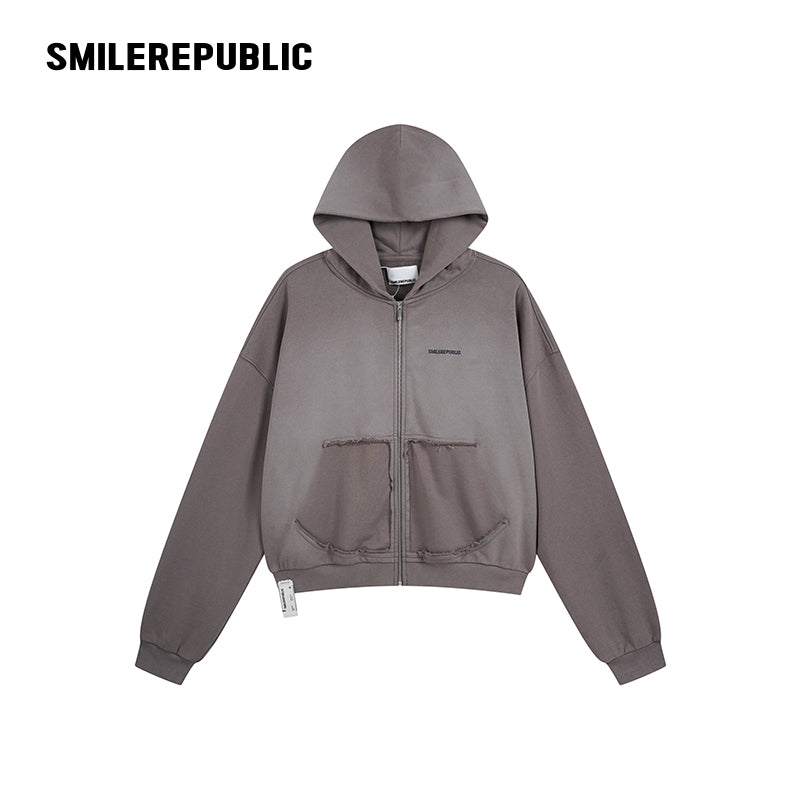Gray Washed Cotton Distressed Full Zip Hoodie with Tonal Logo and Raw Edge Pockets