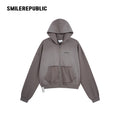 Gray Washed Cotton Distressed Full Zip Hoodie with Tonal Logo and Raw Edge Pockets