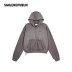 Gray Washed Cotton Distressed Full Zip Hoodie with Tonal Logo and Raw Edge Pockets