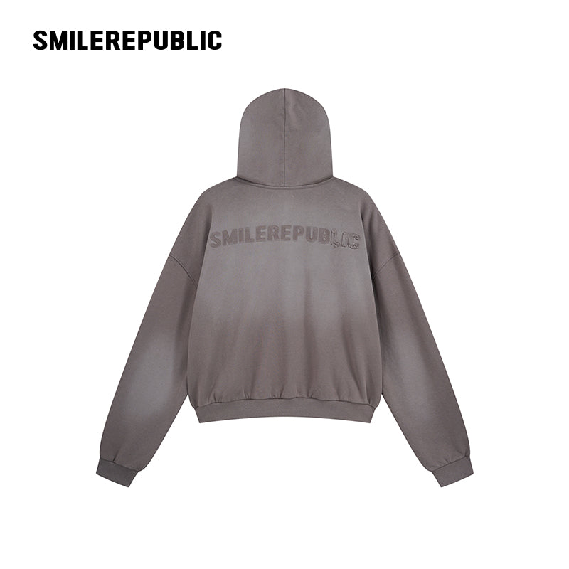 Gray Washed Cotton Distressed Full Zip Hoodie with Tonal Logo and Raw Edge Pockets