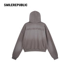Gray Washed Cotton Distressed Full Zip Hoodie with Tonal Logo and Raw Edge Pockets