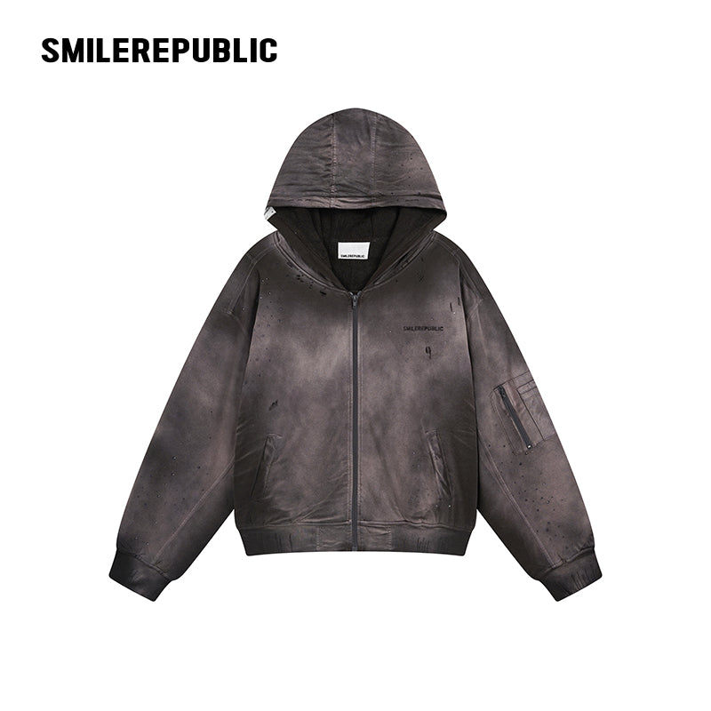 Dark Gray/Washed Brown Distressed Cotton Rhinestone Embellished Full Zip Hoodie with Utility Sleeve Pocket