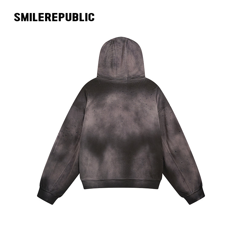 Dark Gray/Washed Brown Distressed Cotton Rhinestone Embellished Full Zip Hoodie with Utility Sleeve Pocket