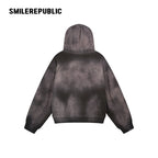 Dark Gray/Washed Brown Distressed Cotton Rhinestone Embellished Full Zip Hoodie with Utility Sleeve Pocket