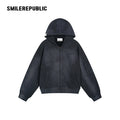 Dark Gray/Washed Brown Distressed Cotton Rhinestone Embellished Full Zip Hoodie with Utility Sleeve Pocket