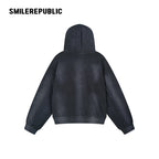 Dark Gray/Washed Brown Distressed Cotton Rhinestone Embellished Full Zip Hoodie with Utility Sleeve Pocket