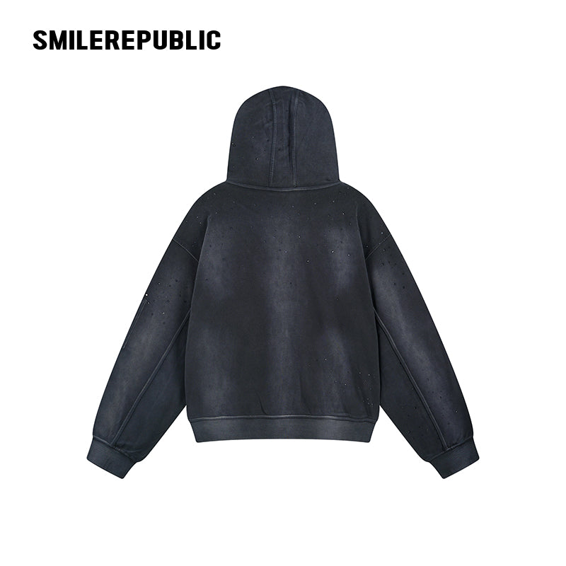 Dark Gray/Washed Brown Distressed Cotton Rhinestone Embellished Full Zip Hoodie with Utility Sleeve Pocket