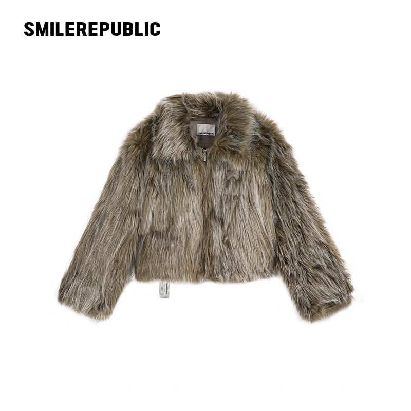 Mottled Khaki/Cream Acrylic Blend Faux Fur Cropped Zip Jacket with Back Logo Embroidery