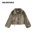 Mottled Khaki/Cream Acrylic Blend Faux Fur Cropped Zip Jacket with Back Logo Embroidery