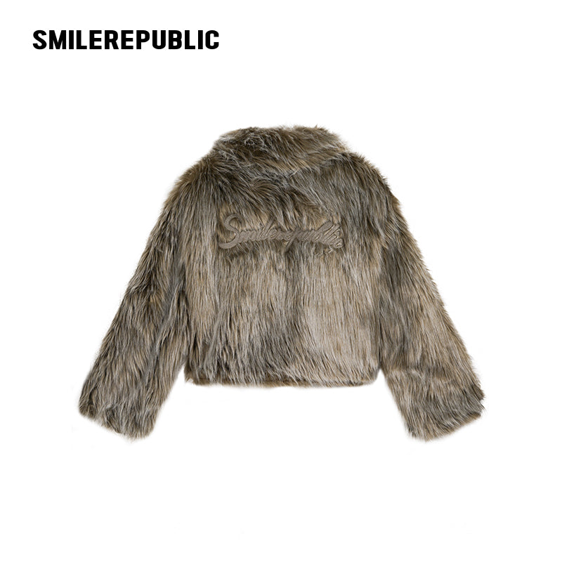 Mottled Khaki/Cream Acrylic Blend Faux Fur Cropped Zip Jacket with Back Logo Embroidery