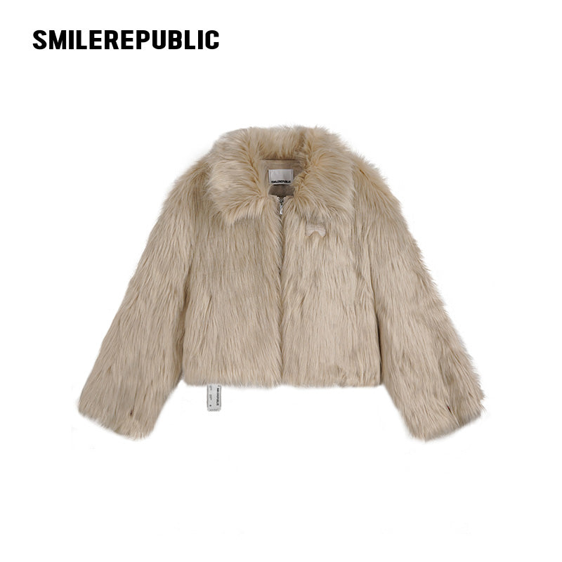 Mottled Khaki/Cream Acrylic Blend Faux Fur Cropped Zip Jacket with Back Logo Embroidery