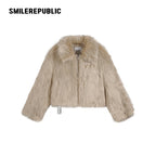 Mottled Khaki/Cream Acrylic Blend Faux Fur Cropped Zip Jacket with Back Logo Embroidery