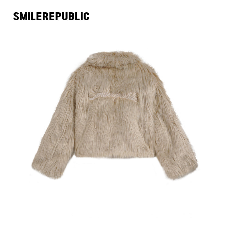 Mottled Khaki/Cream Acrylic Blend Faux Fur Cropped Zip Jacket with Back Logo Embroidery