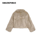 Mottled Khaki/Cream Acrylic Blend Faux Fur Cropped Zip Jacket with Back Logo Embroidery