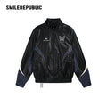 Black Navy and White PU Coated Faux Leather Color Block Butterfly Graphic Stand Collar Zip Jacket