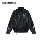 Black Navy and White PU Coated Faux Leather Color Block Butterfly Graphic Stand Collar Zip Jacket