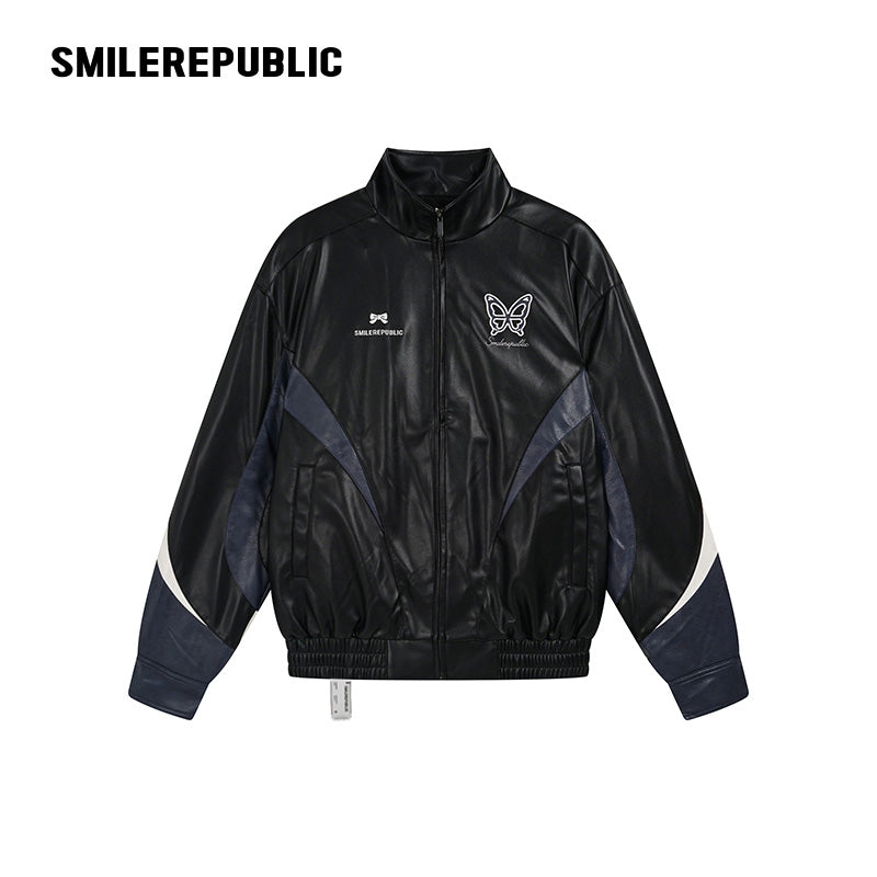 Black Navy and White PU Coated Faux Leather Color Block Butterfly Graphic Stand Collar Zip Jacket