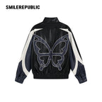 Black Navy and White PU Coated Faux Leather Color Block Butterfly Graphic Stand Collar Zip Jacket
