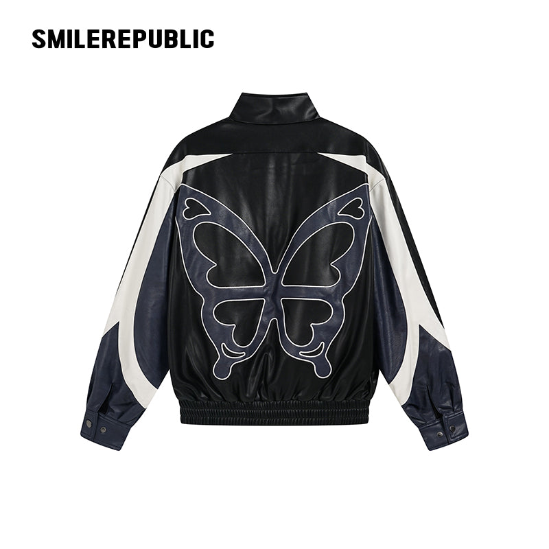 Black Navy and White PU Coated Faux Leather Color Block Butterfly Graphic Stand Collar Zip Jacket