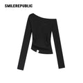 Black Rhinestone Embellished Cotton Blend Asymmetrical Off-Shoulder Long Sleeve Knit Top for Women