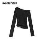 Black Rhinestone Embellished Cotton Blend Asymmetrical Off-Shoulder Long Sleeve Knit Top for Women
