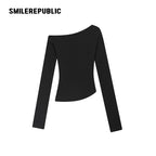 Black Rhinestone Embellished Cotton Blend Asymmetrical Off-Shoulder Long Sleeve Knit Top for Women