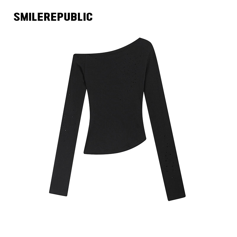 Black Rhinestone Embellished Cotton Blend Asymmetrical Off-Shoulder Long Sleeve Knit Top for Women