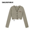 Gray Green Polyester Blend Distressed Trim Cropped V-Neck Button Front Knit Cardigan for Women
