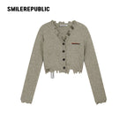 Gray Green Polyester Blend Distressed Trim Cropped V-Neck Button Front Knit Cardigan for Women