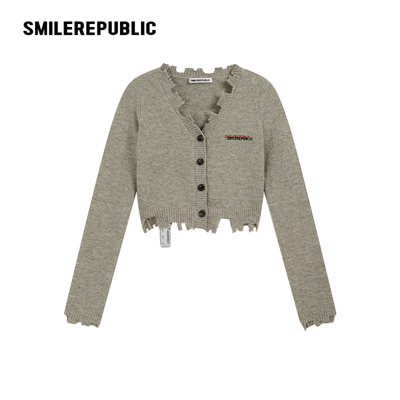 Gray Green Polyester Blend Distressed Trim Cropped V-Neck Button Front Knit Cardigan for Women