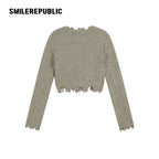 Gray Green Polyester Blend Distressed Trim Cropped V-Neck Button Front Knit Cardigan for Women