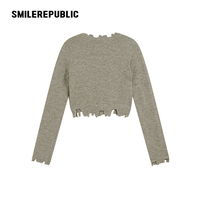 Gray Green Polyester Blend Distressed Trim Cropped V-Neck Button Front Knit Cardigan for Women