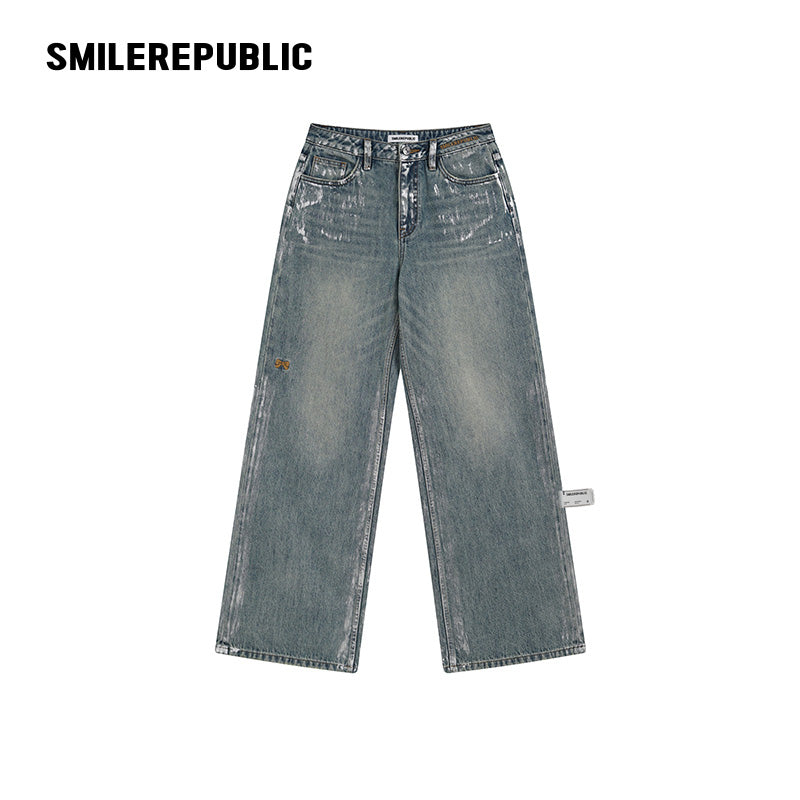Washed Silver Foil-Coated Jeans-SMILEREPUBLIC
