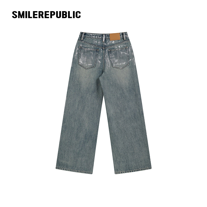 Washed Silver Foil-Coated Jeans-SMILEREPUBLIC