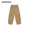Khaki 100% Cotton Double Waistband Barrel Leg Casual Pants with Logo Detail