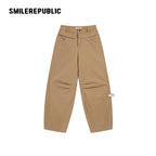 Khaki 100% Cotton Double Waistband Barrel Leg Casual Pants with Logo Detail