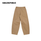 Khaki 100% Cotton Double Waistband Barrel Leg Casual Pants with Logo Detail
