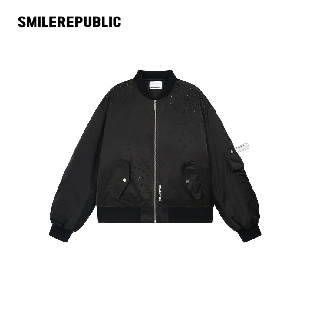 Black Rhinestone Embellished Shimmer Polyester Woven Ruched Sleeve Full Zip Bomber Jacket
