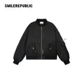Black Rhinestone Embellished Shimmer Polyester Woven Ruched Sleeve Full Zip Bomber Jacket