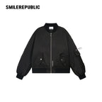 Black Rhinestone Embellished Shimmer Polyester Woven Ruched Sleeve Full Zip Bomber Jacket