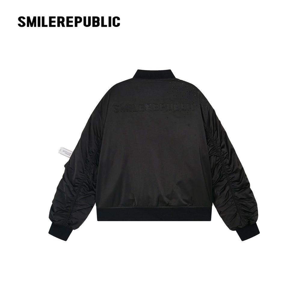 Black Rhinestone Embellished Shimmer Polyester Woven Ruched Sleeve Full Zip Bomber Jacket