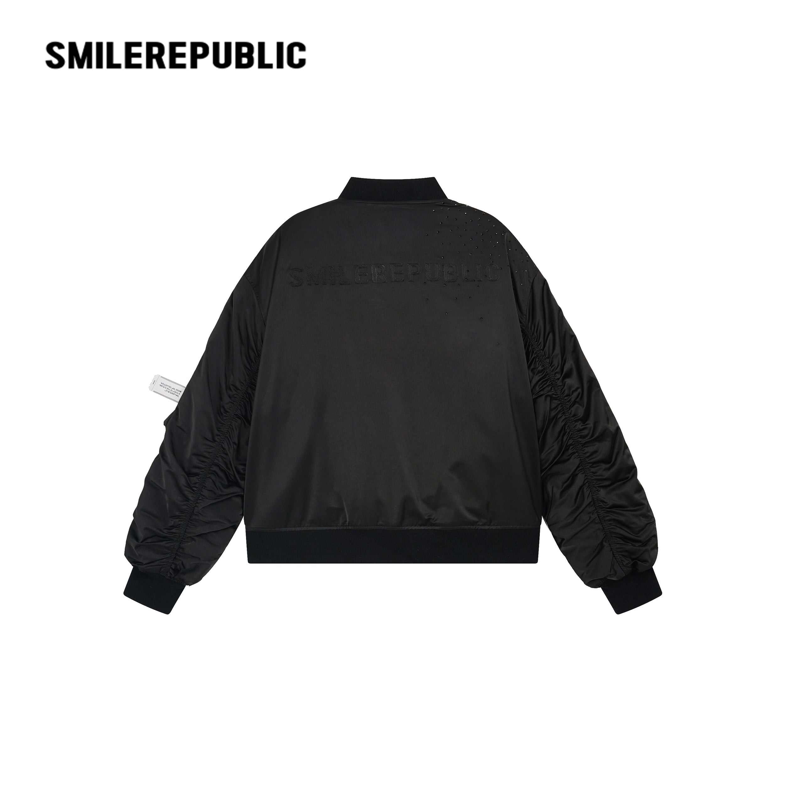 Black Rhinestone Embellished Shimmer Polyester Woven Ruched Sleeve Full Zip Bomber Jacket