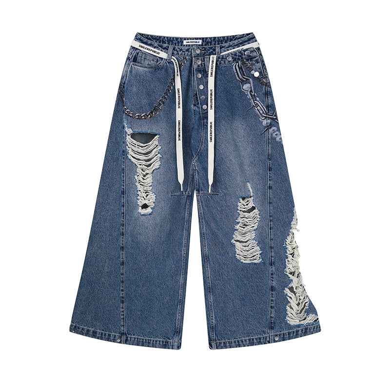 Chain Print Distressed Wide-Leg Jeans